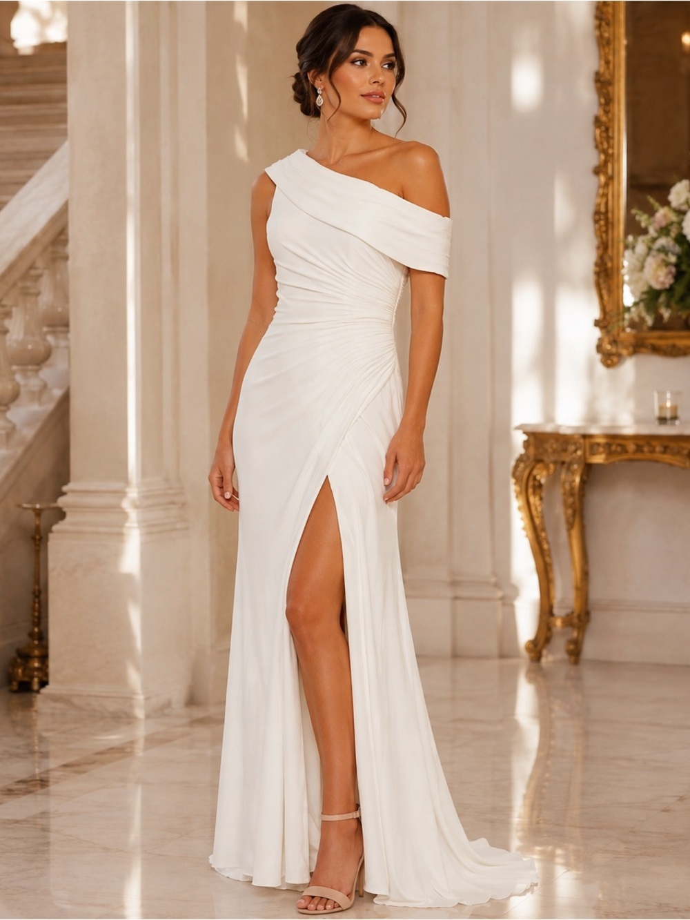 Ieena for Mac Duggal Foldover Off-Shoulder Slit Gown White NWT Size 6